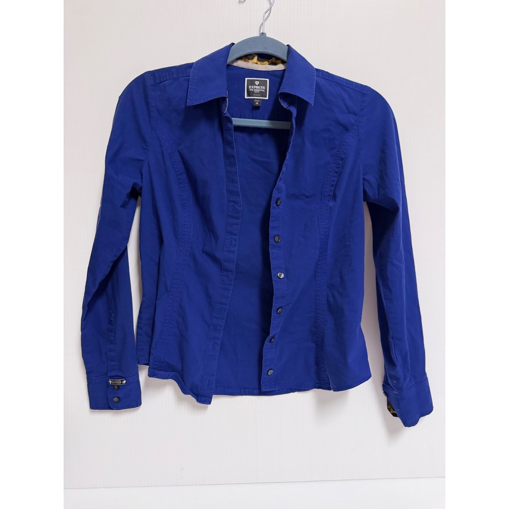 Express The Essential Shirt Royal Blue Button Down Leopard Trim Blouse XS